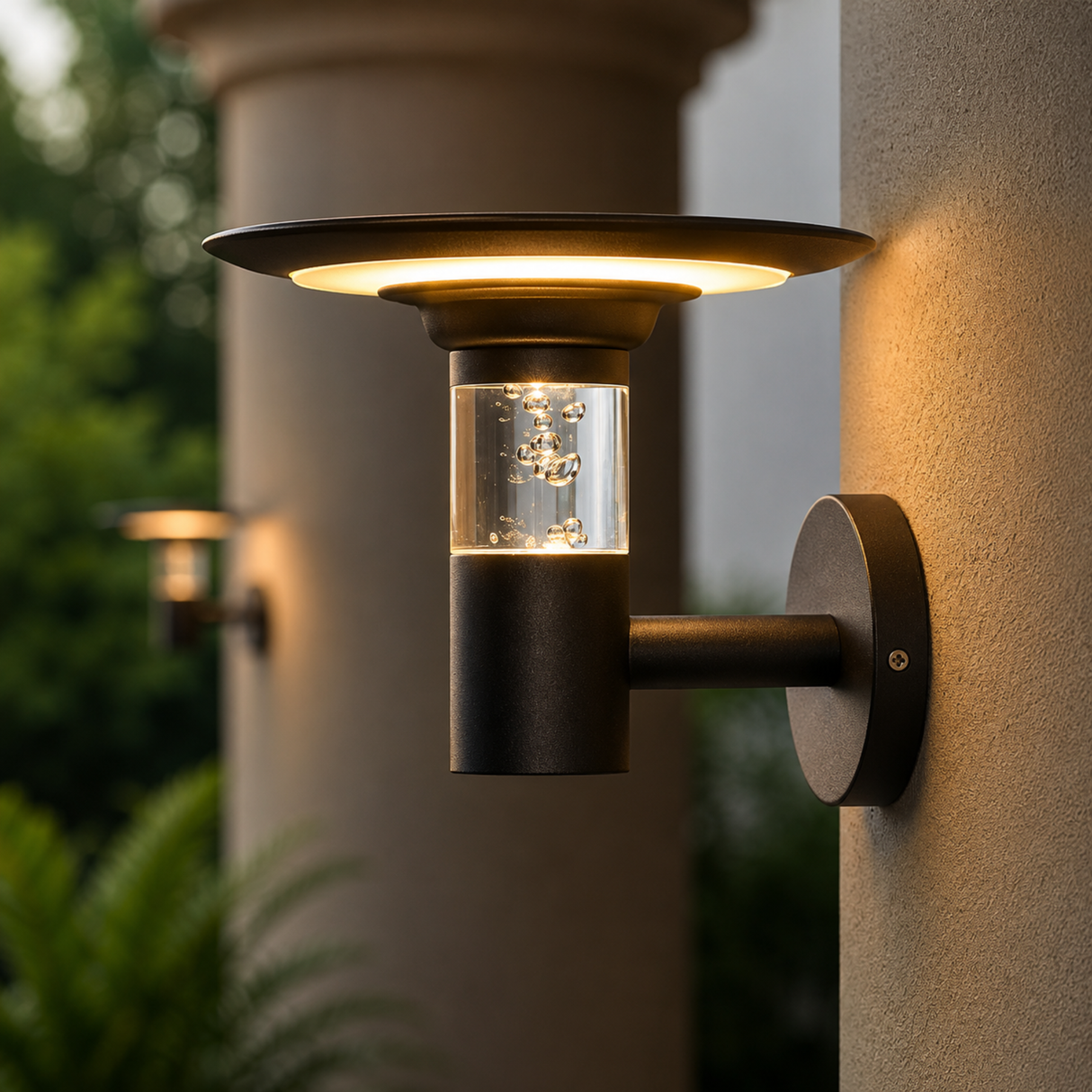 Modern outdoor wall light fixture on a building exterior with blurred greenery in the background.