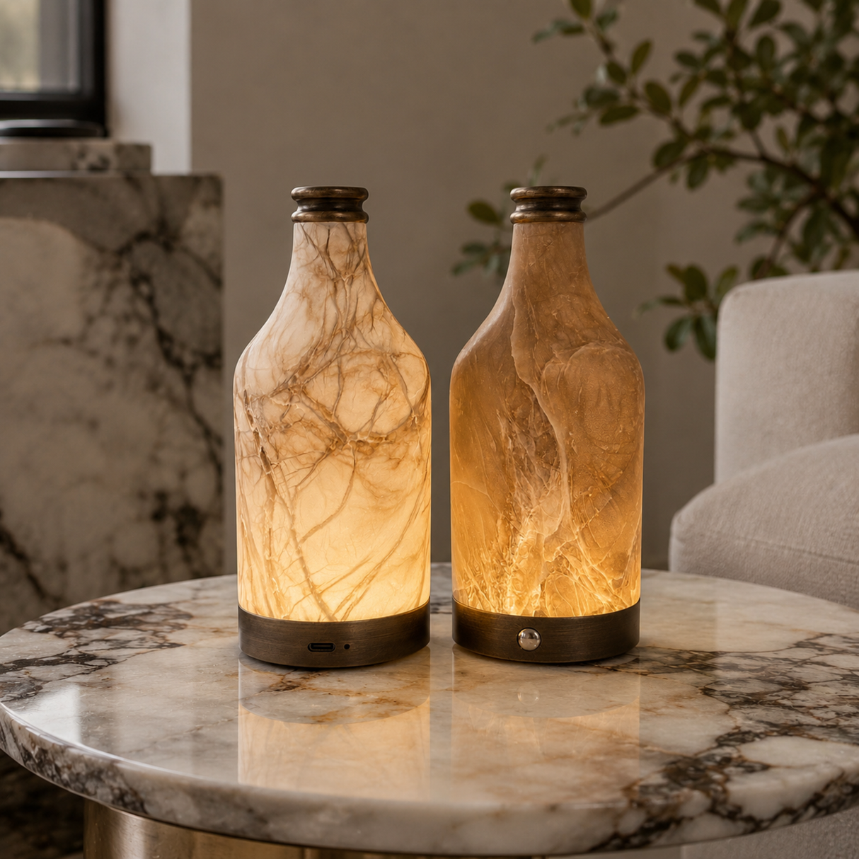 Two marble-textured bottle lamps on a marble table with a blurred indoor background.