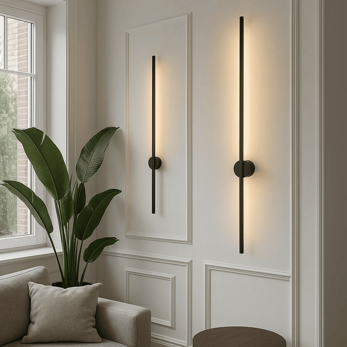 Modern wall sconces on a paneled wall with a plant and sofa in the foreground