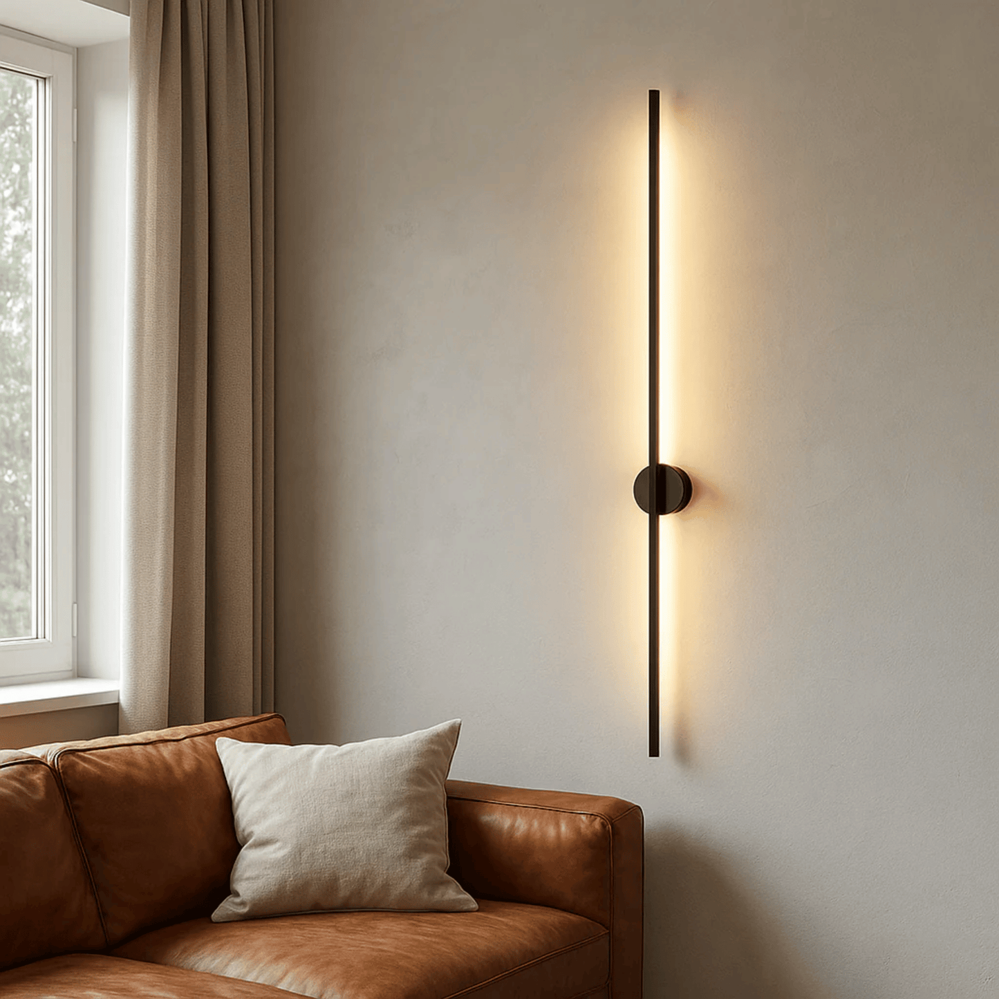 Modern wall sconce on a neutral wall next to a brown leather sofa with a white pillow.