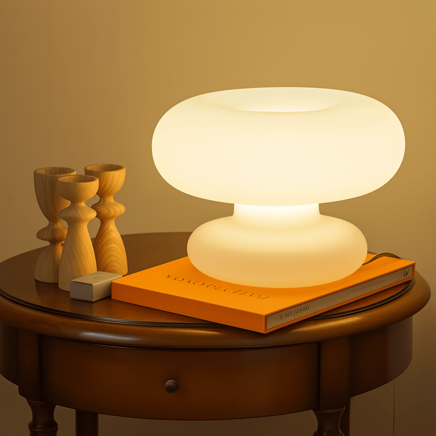 Table lamp on a wooden table with books and decorative items against a warm background
