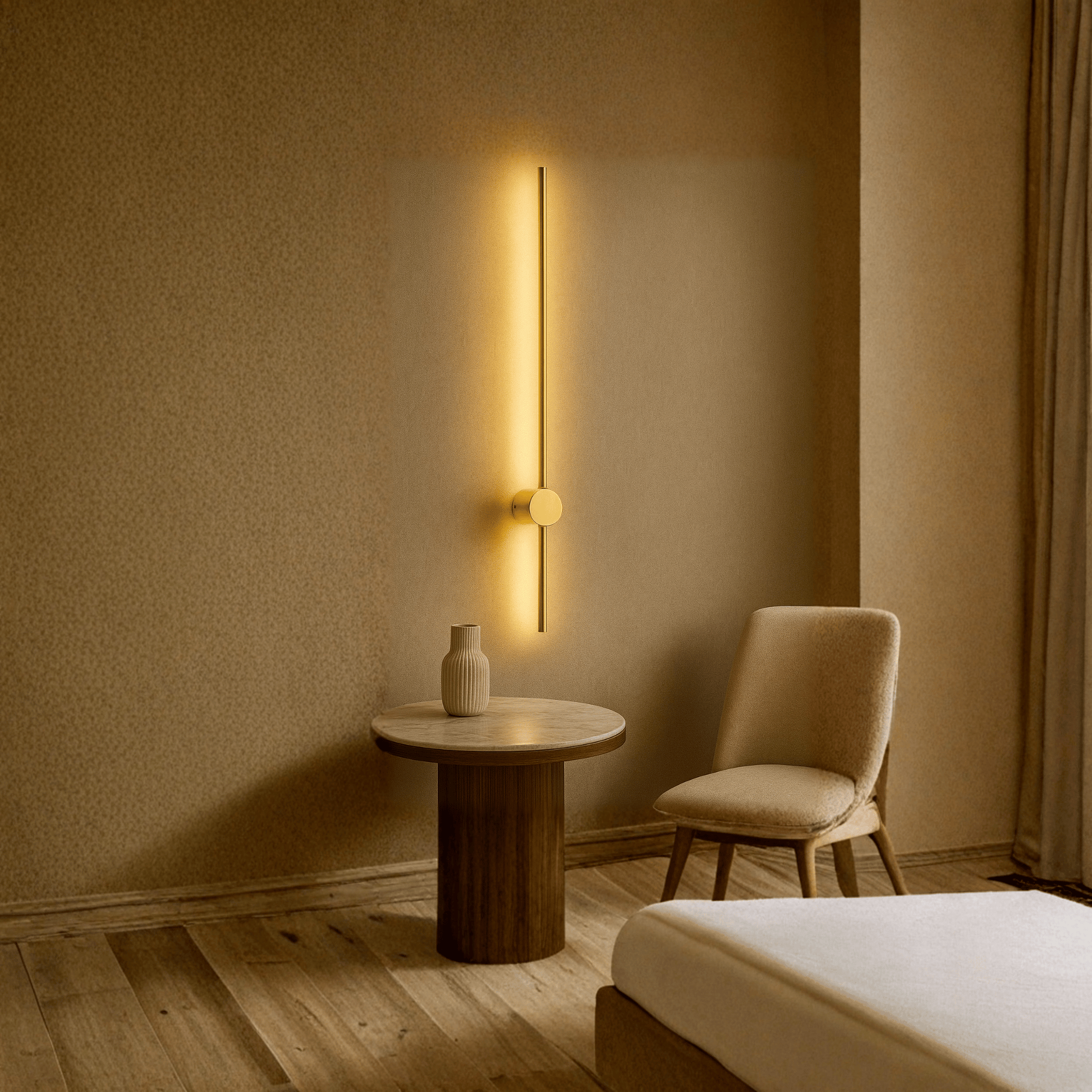 Modern interior with a wall-mounted light fixture, round table, and chair in a warm-toned room.