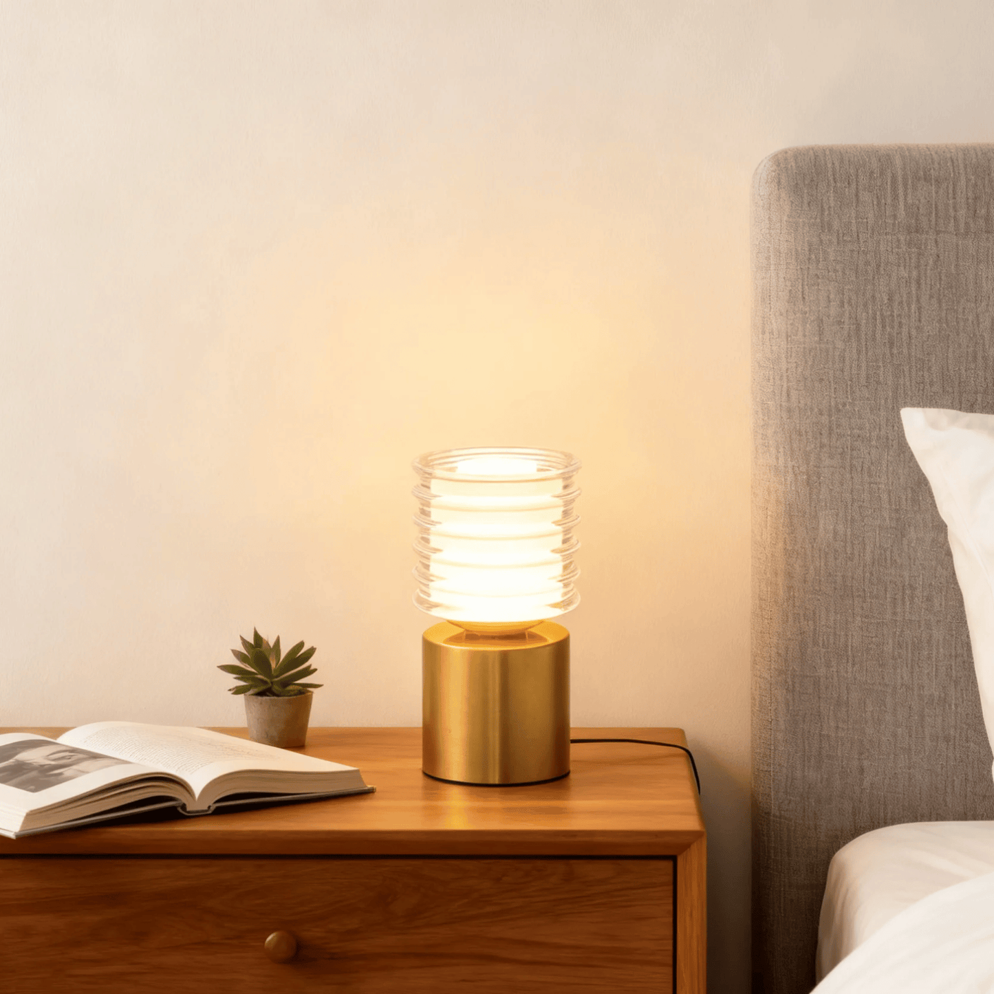 Gold table lamp on a wooden nightstand next to an open book and small plant, with a bed in the background.