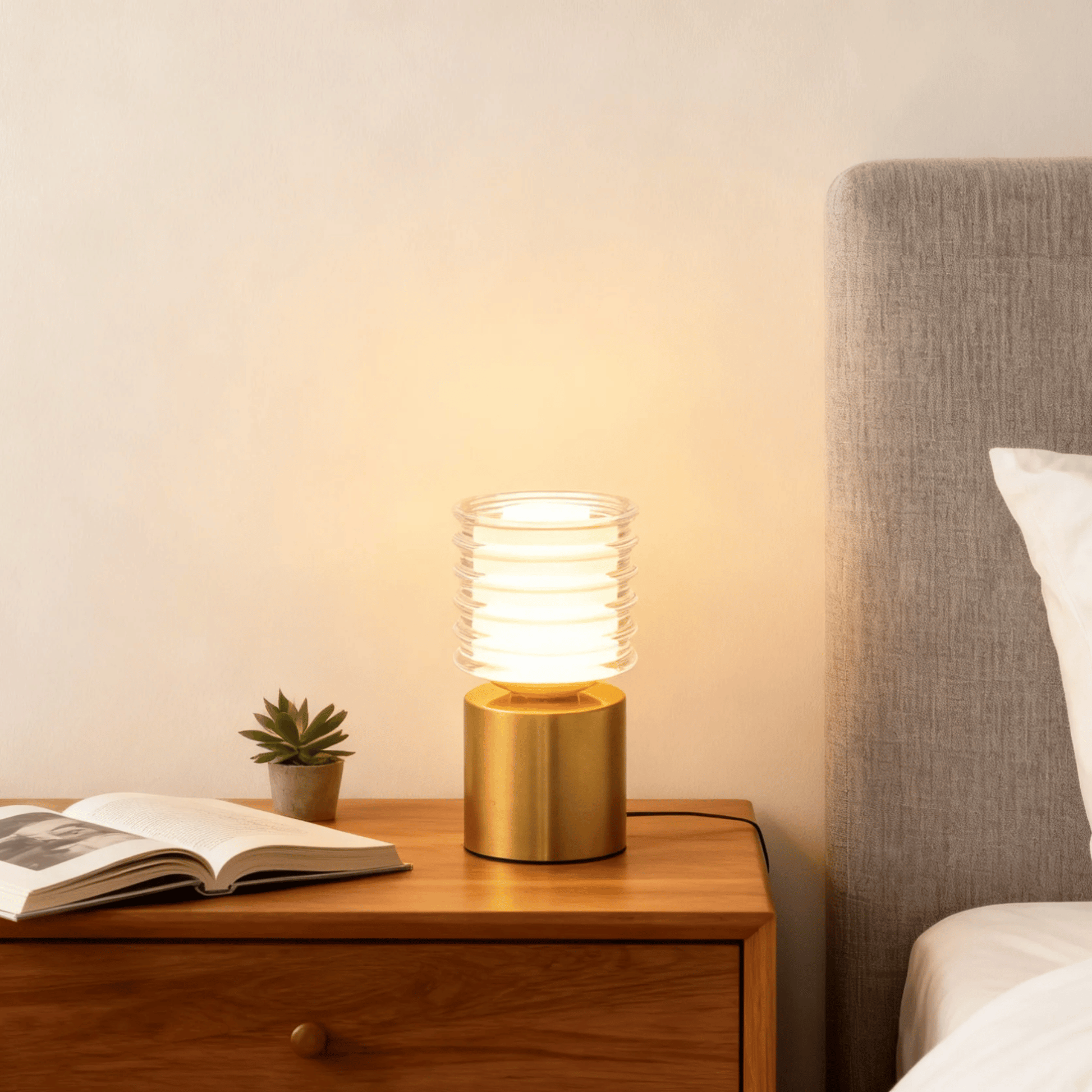 Gold table lamp on a wooden nightstand next to an open book and small plant, with a bed in the background.