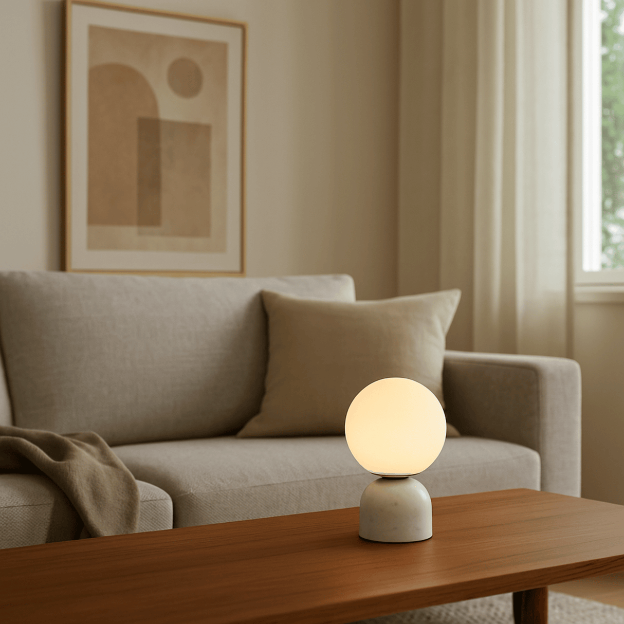 Table lamp on a wooden coffee table in a living room with a couch and abstract art in the background.