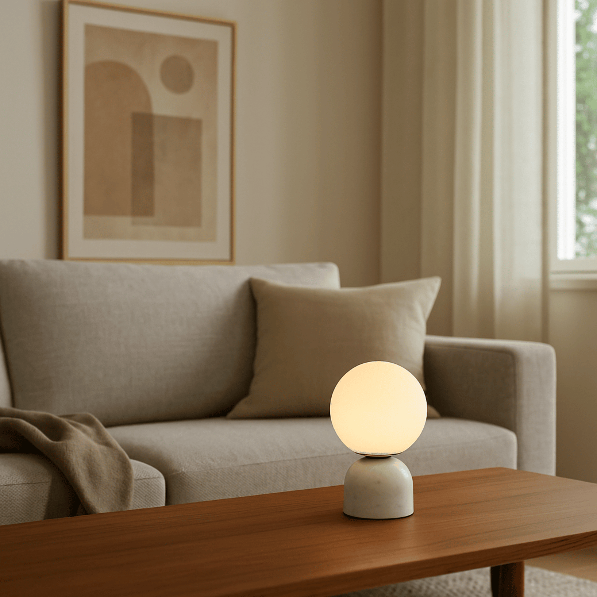 Table lamp on a wooden coffee table in a living room with a couch and abstract art in the background.