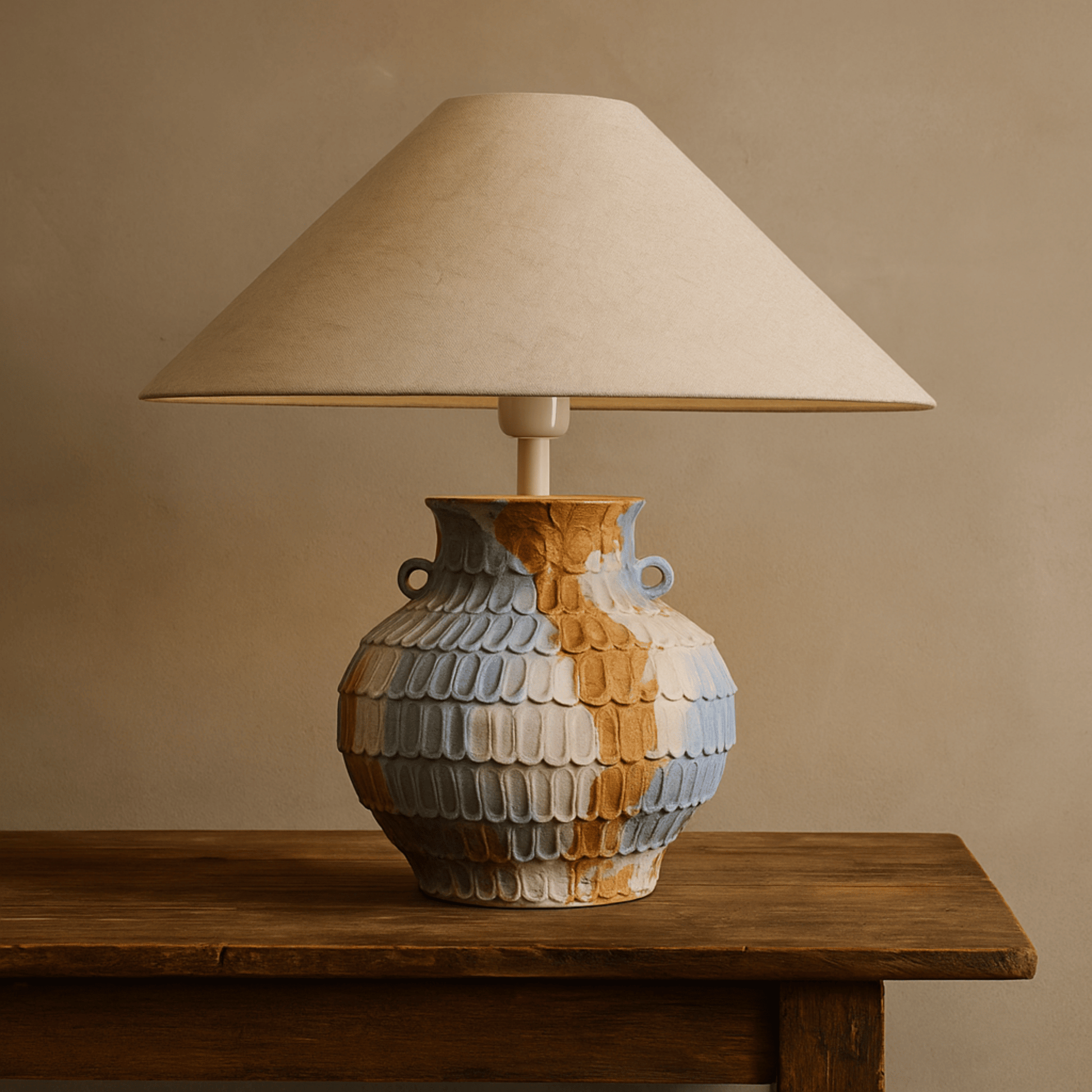 Decorative lamp with a ceramic base on a wooden table against a beige wall