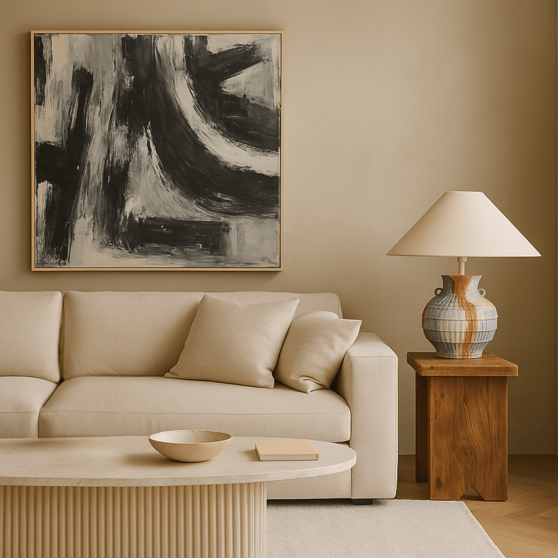 Modern living room with beige sofa, abstract painting, and wooden side table.