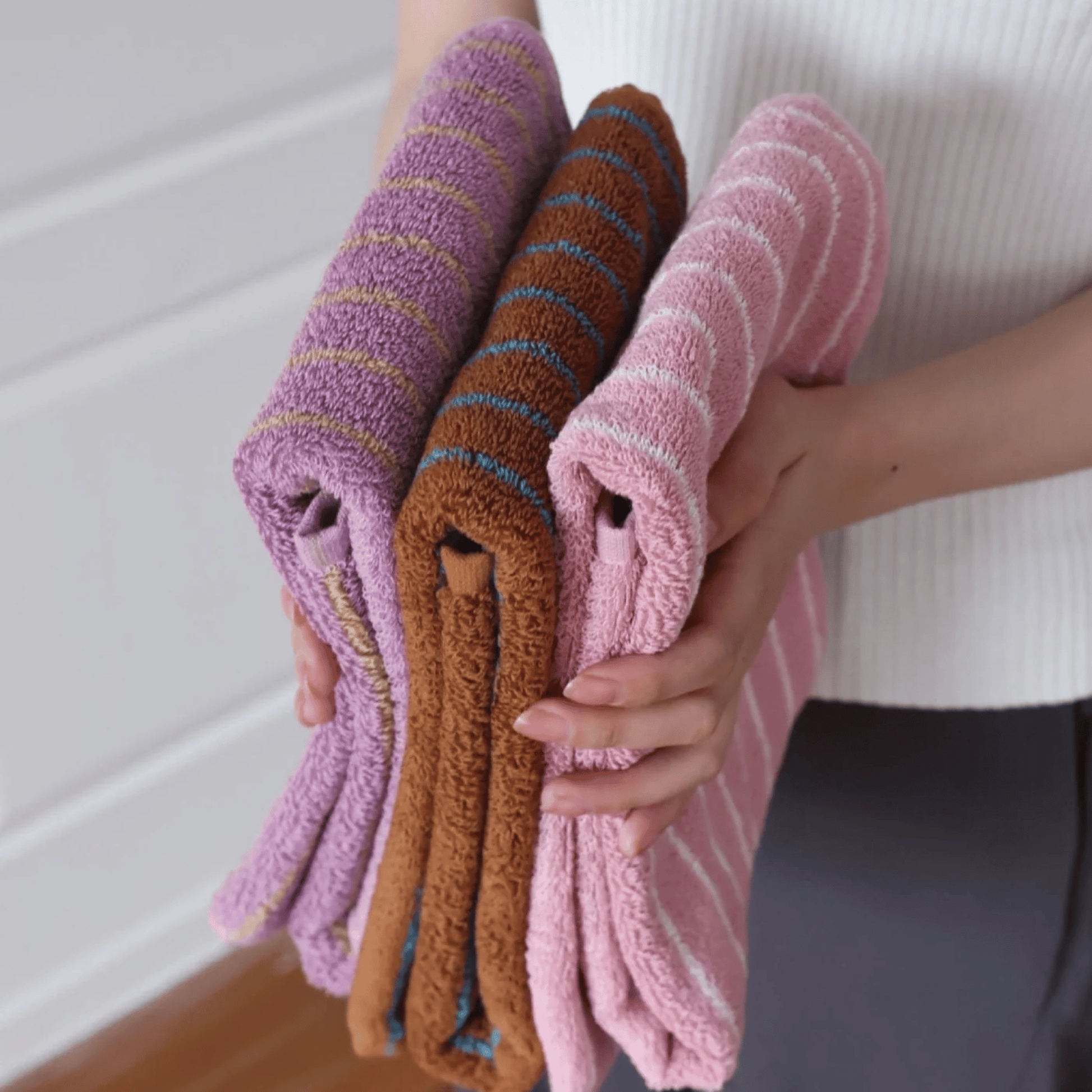 Set of Towels in pink, purple and rust color
