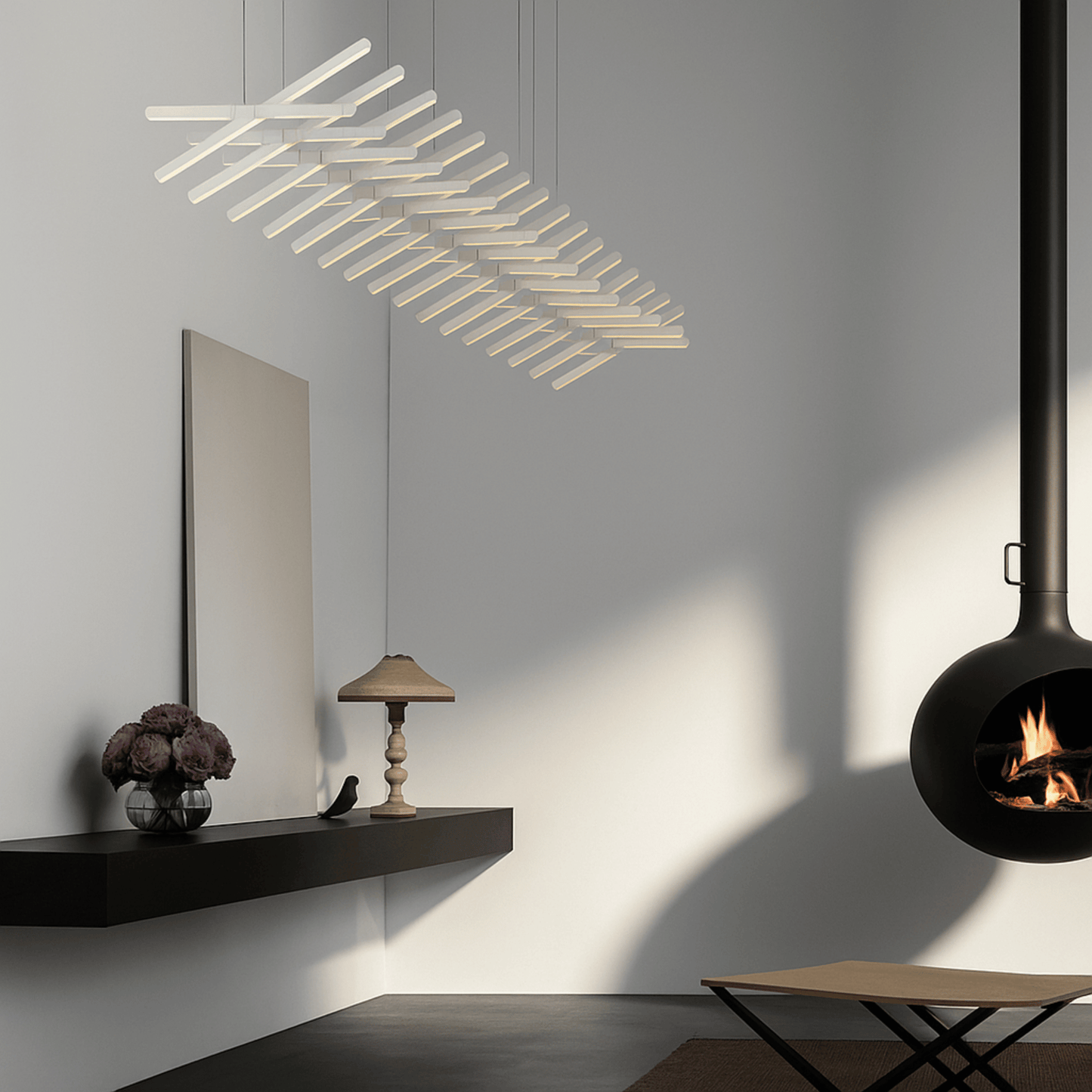 Modern interior with a hanging light fixture, fireplace, and decorative items.