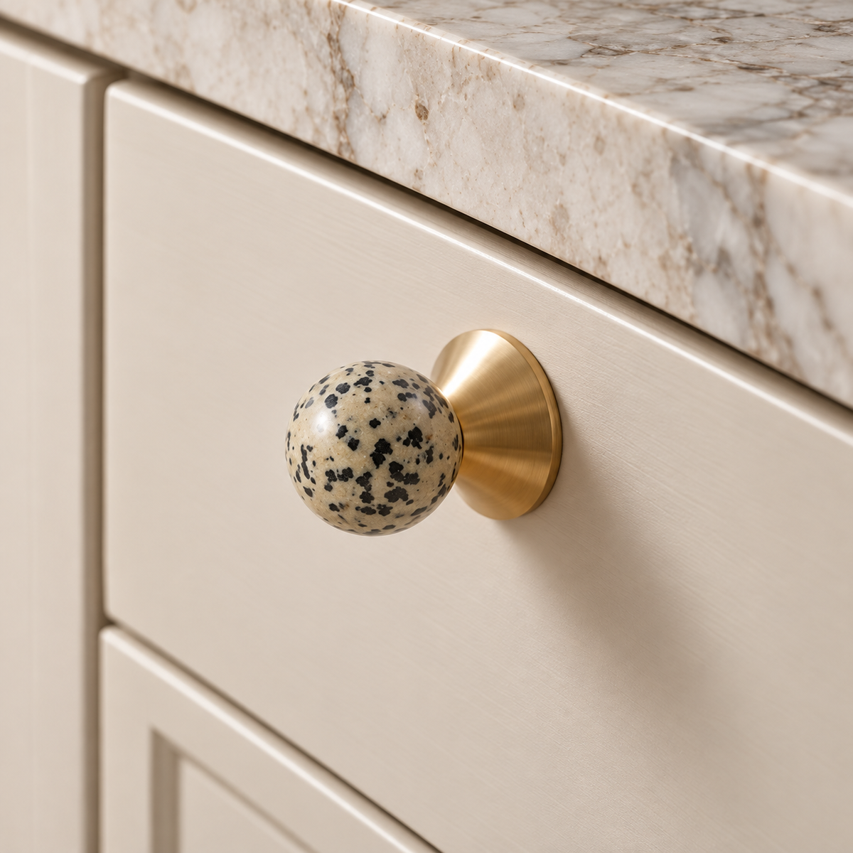 Solvi Brass Ball Cabinet Knobs – Spotted – Close-up installed on cream cabinetry