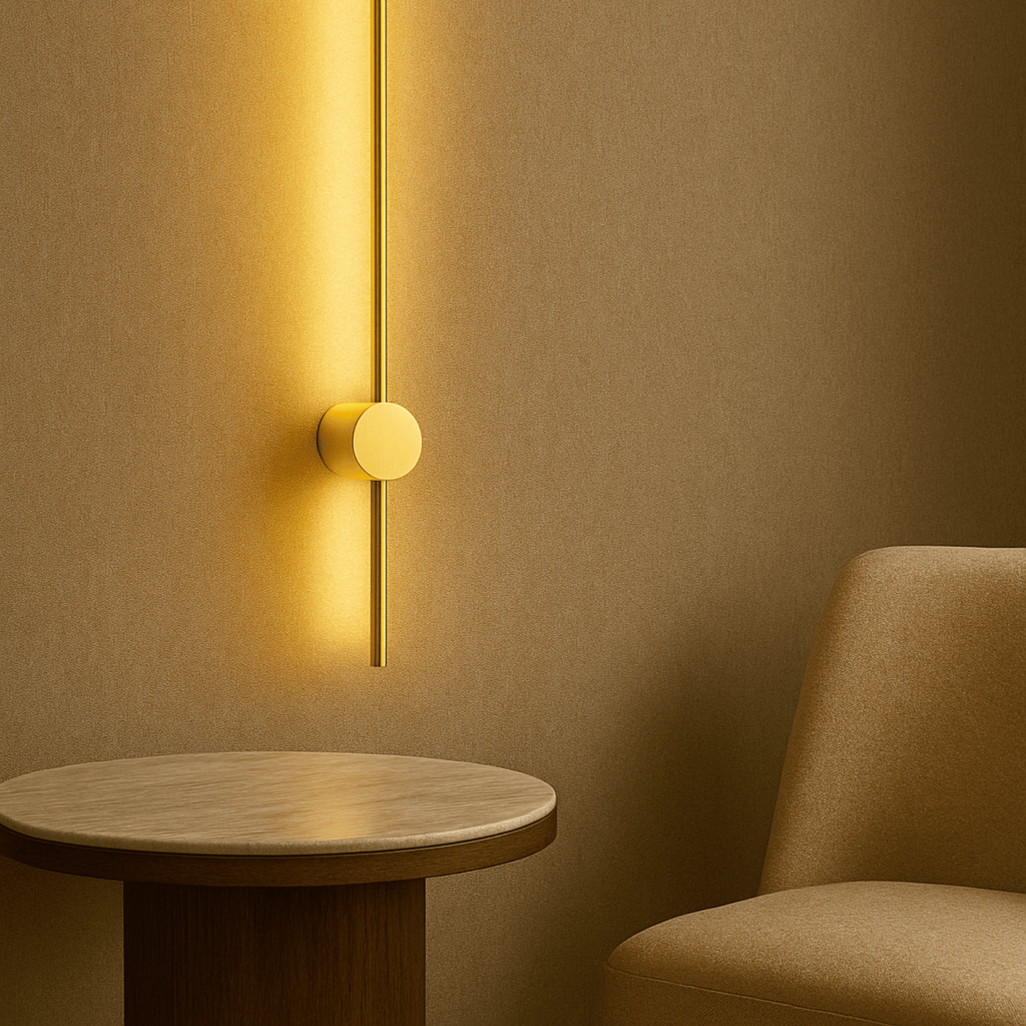 Modern wall light fixture on a textured wall with a round wooden table and chair.