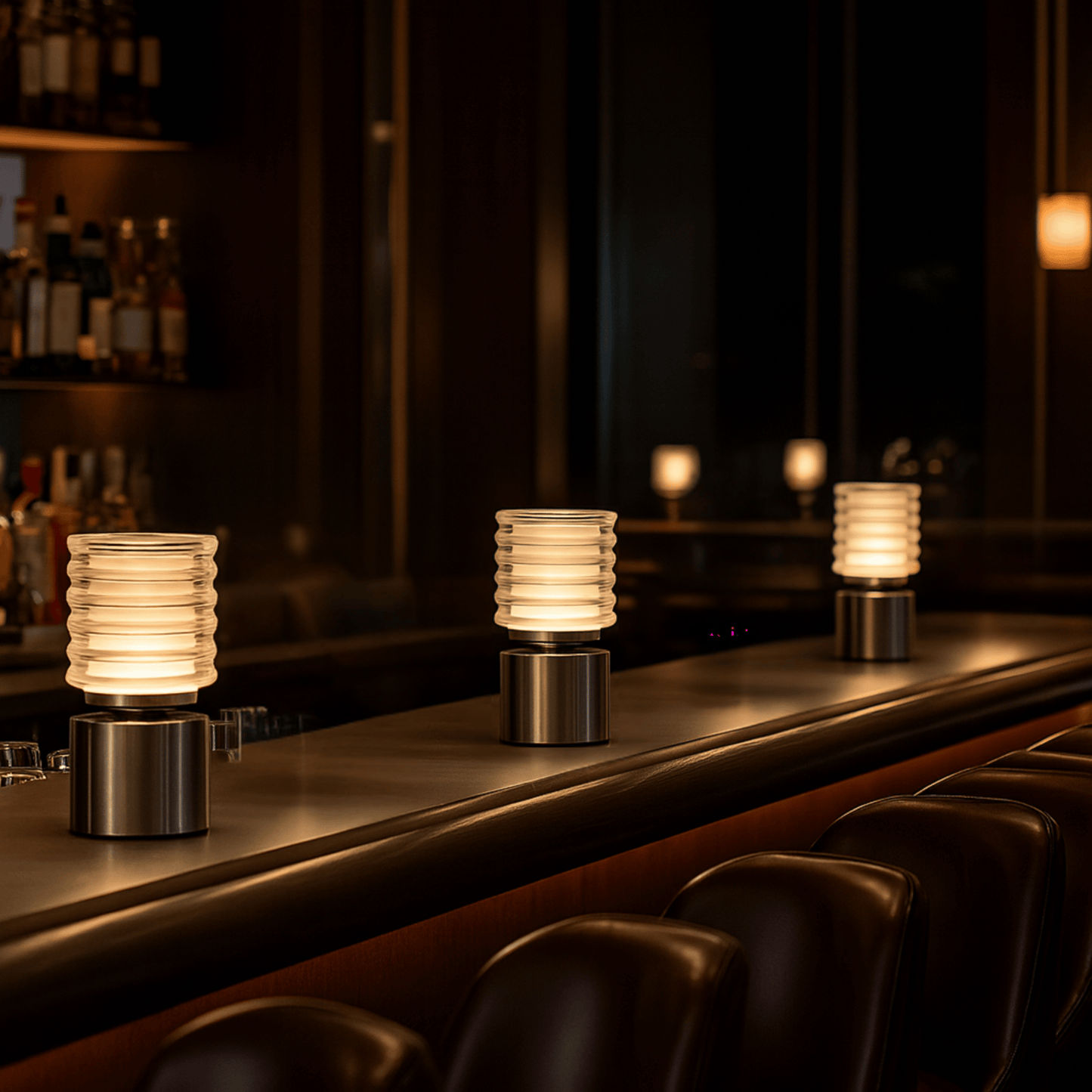 Decorative lamps on a bar counter with a dark, cozy ambiance.