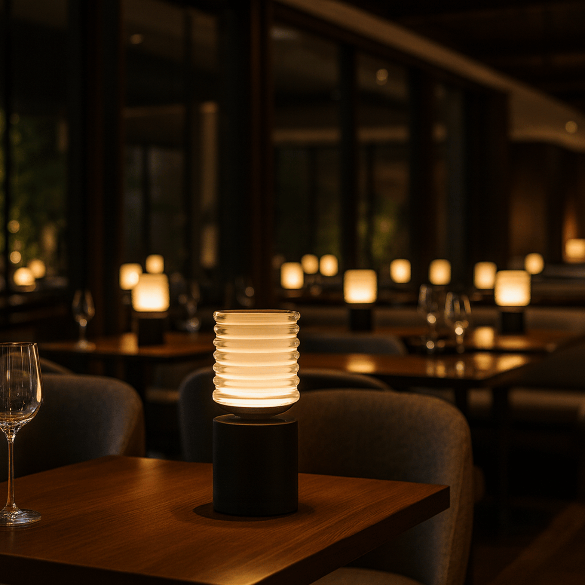 Dimly lit restaurant interior with a glowing lamp on a table.