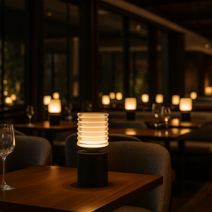 Dimly lit restaurant interior with a glowing lamp on a table.