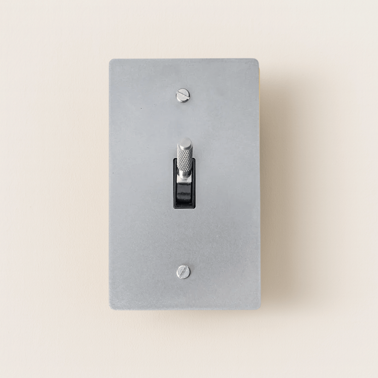 Gray light switch plate with a black toggle switch on a beige background