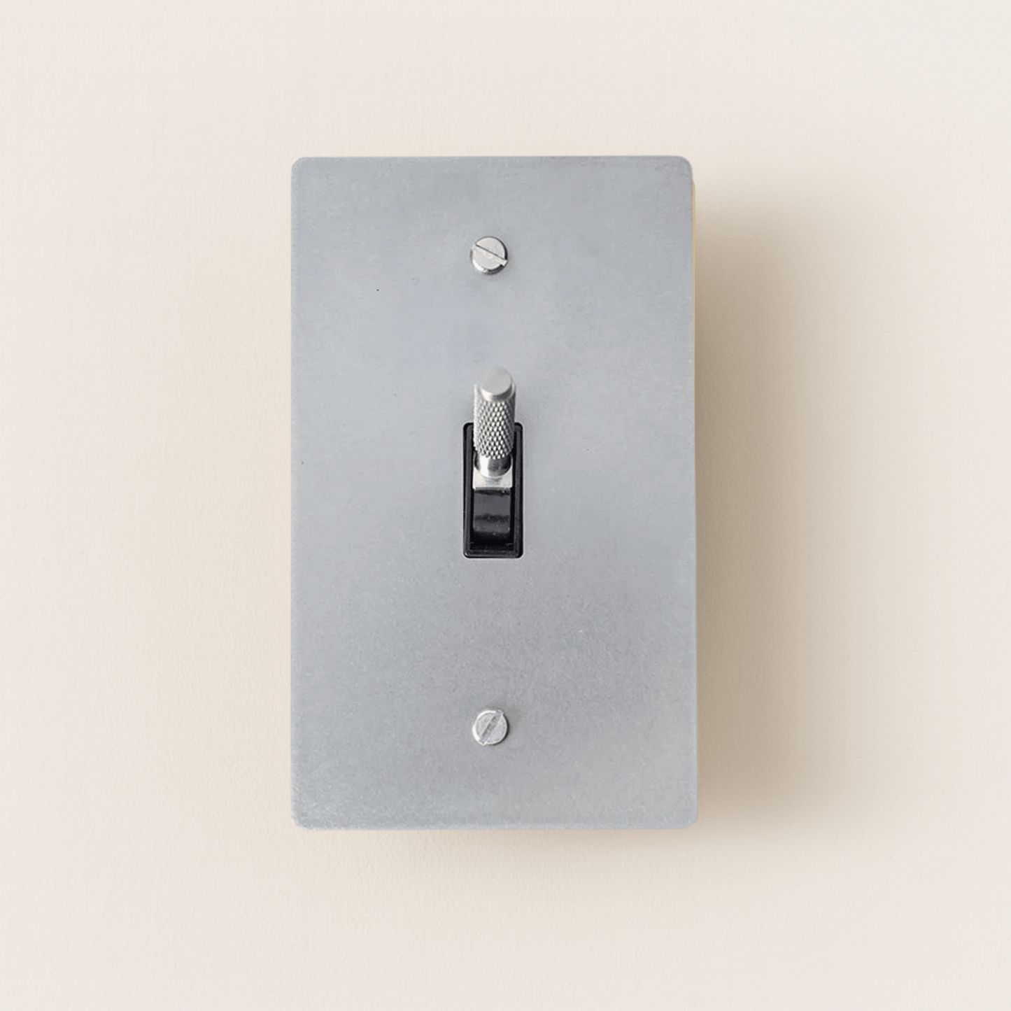 Gray light switch plate with a black toggle switch on a beige background