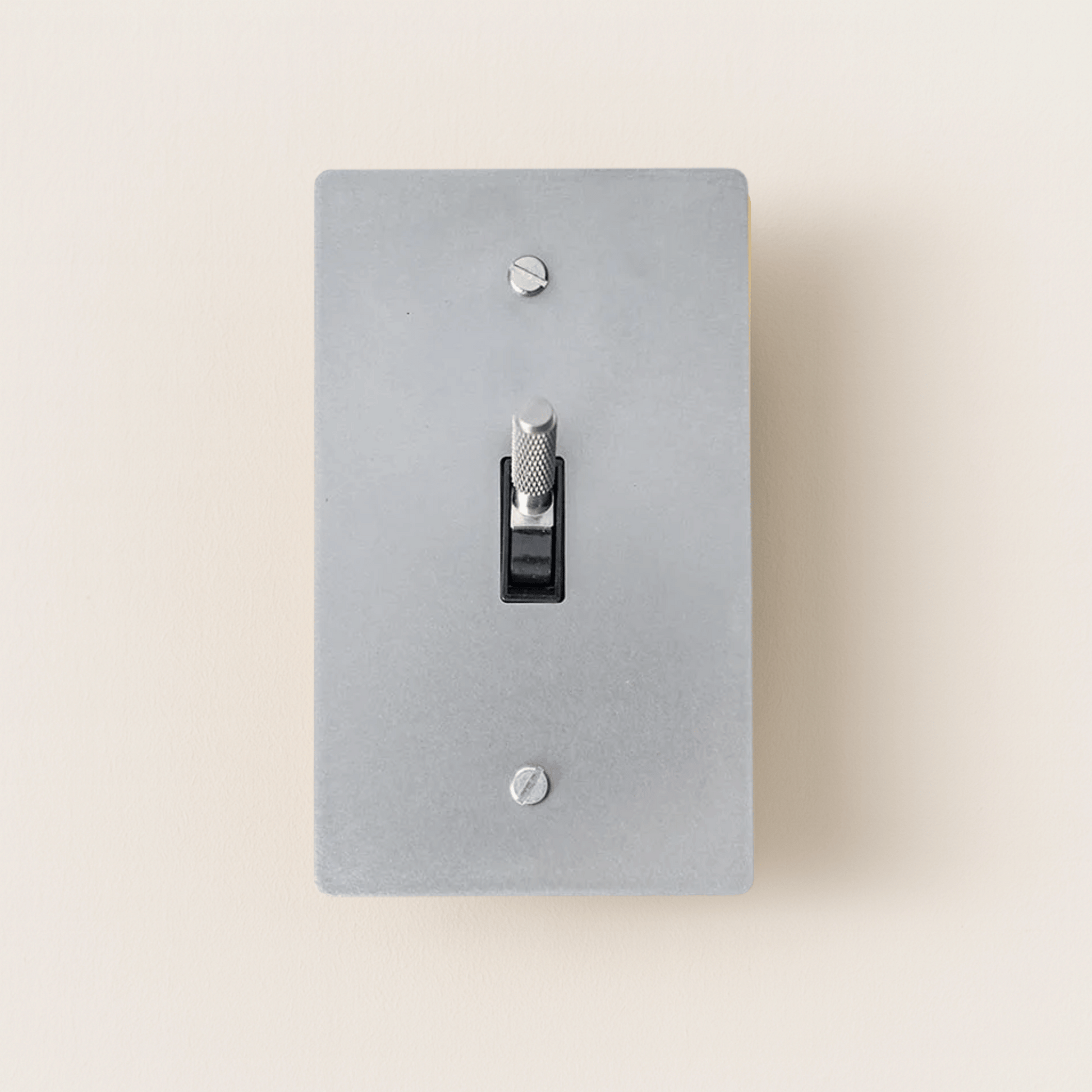 Gray light switch plate with a black toggle switch on a beige background