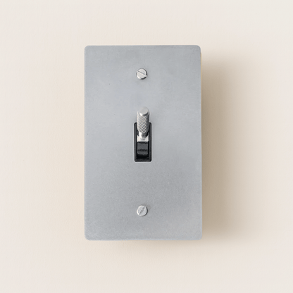 Gray light switch plate with a black toggle switch on a beige background