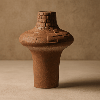 Brown ceramic vase with textured design on a beige background