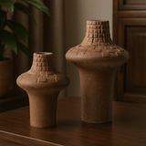 Two brown textured vases on a wooden surface with a blurred background