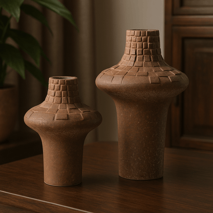 Two brown textured vases on a wooden surface with a blurred background
