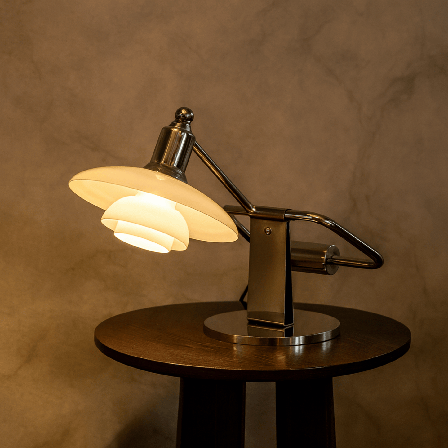 Vintage-style desk lamp with a warm glow on a wooden base against a brown background