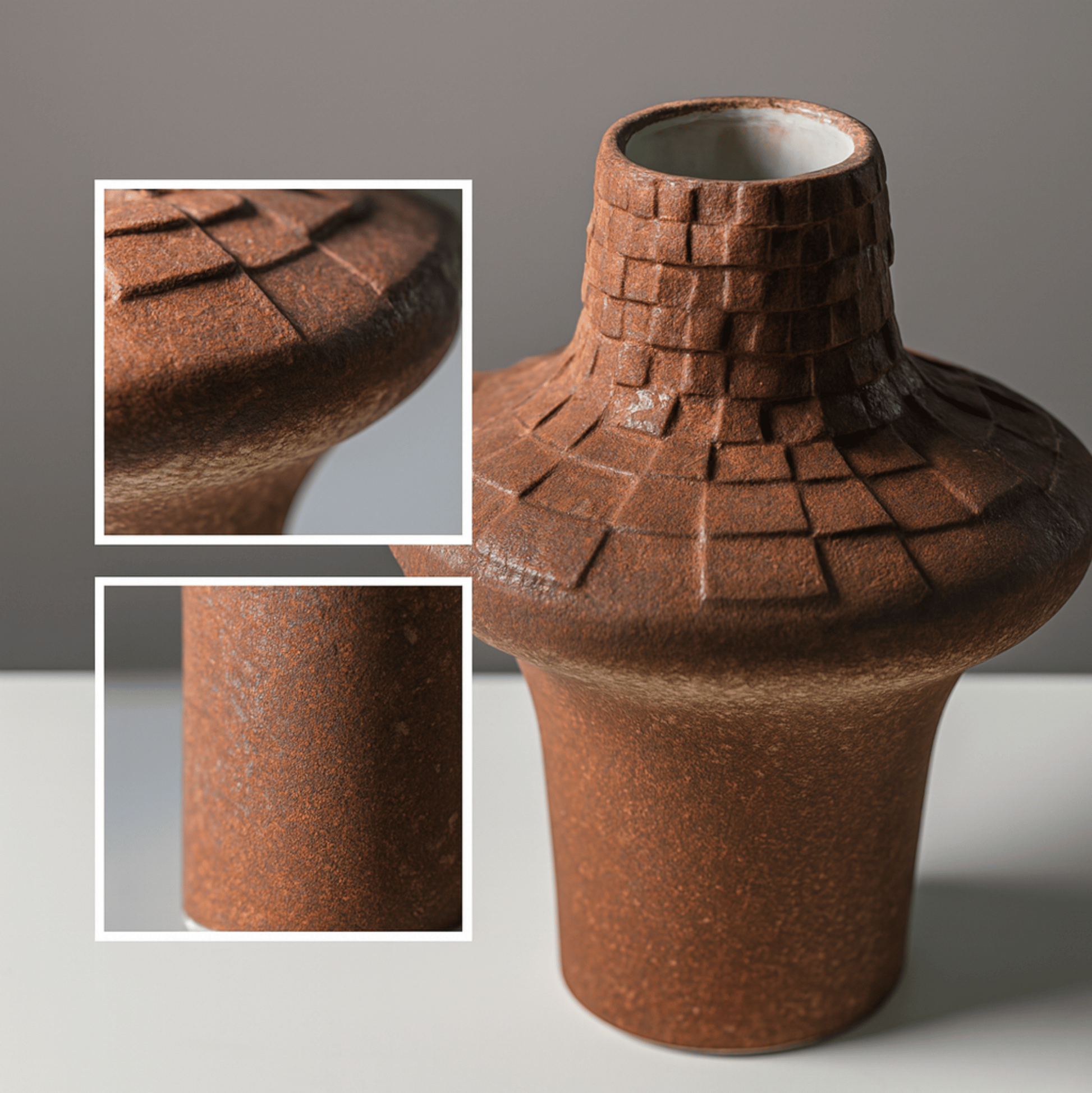 Brown ceramic vase with textured surface, shown with close-up insets on a gray background.