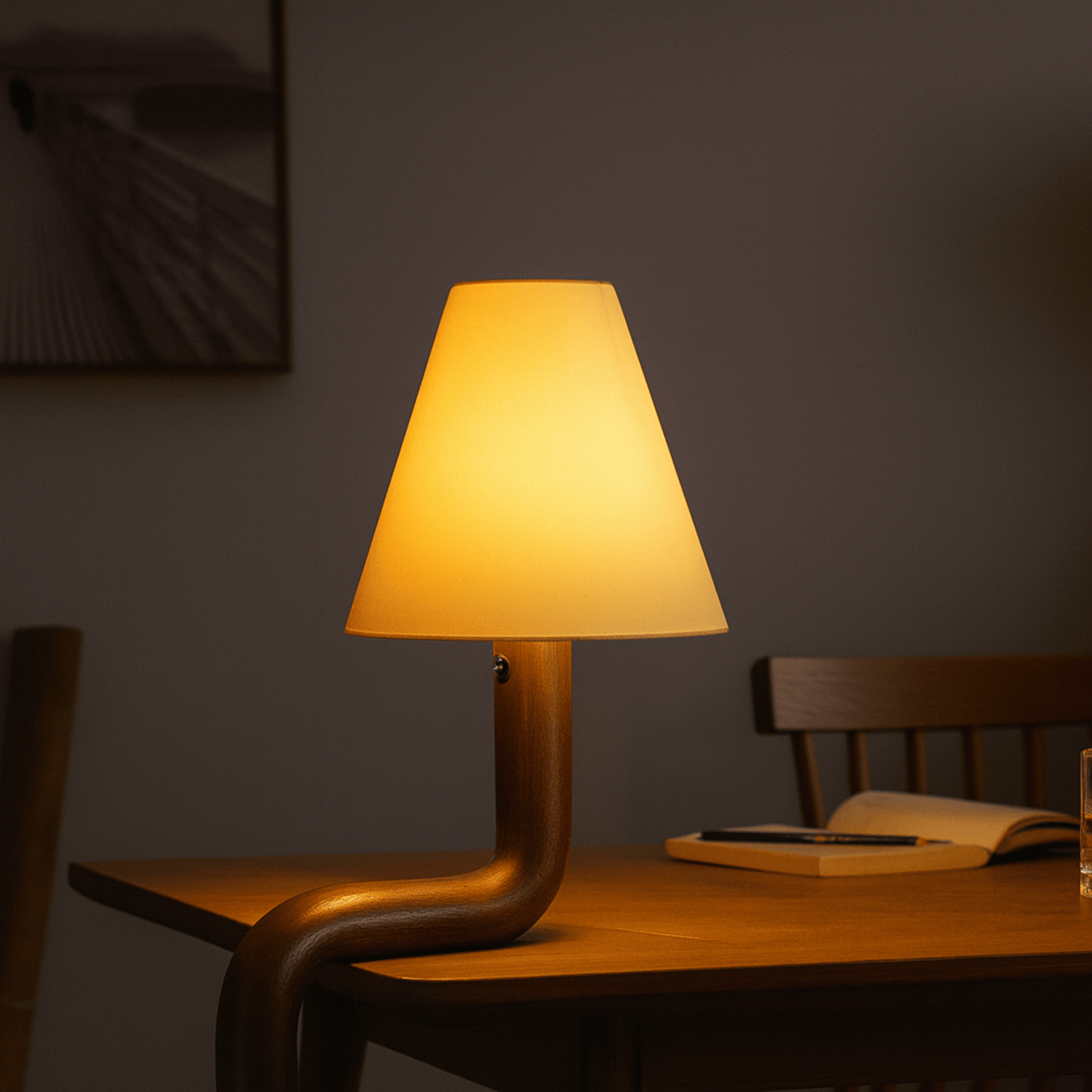 Table lamp with a warm glow on a wooden table against a dark wall.
