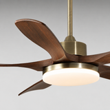 Ceiling fan with wooden blades and brass finish on a gray background