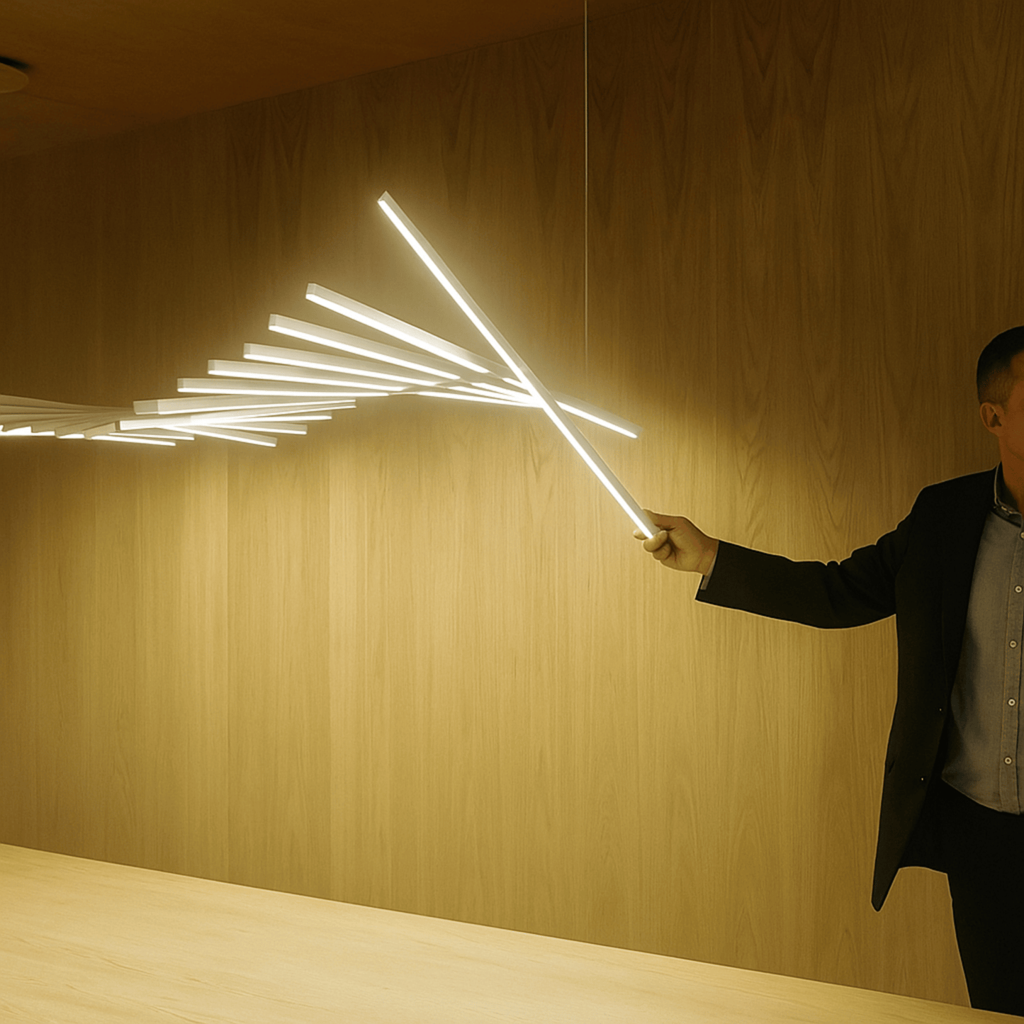 Person holding a futuristic light saber-like object against a wooden wall.