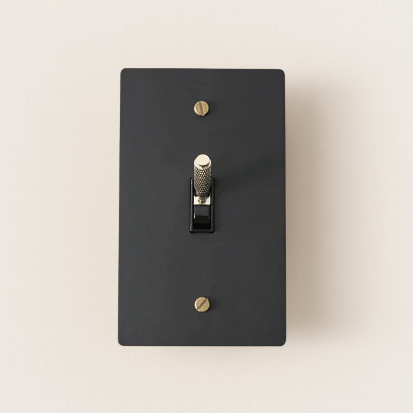 Black light switch plate with gold screws on a beige background