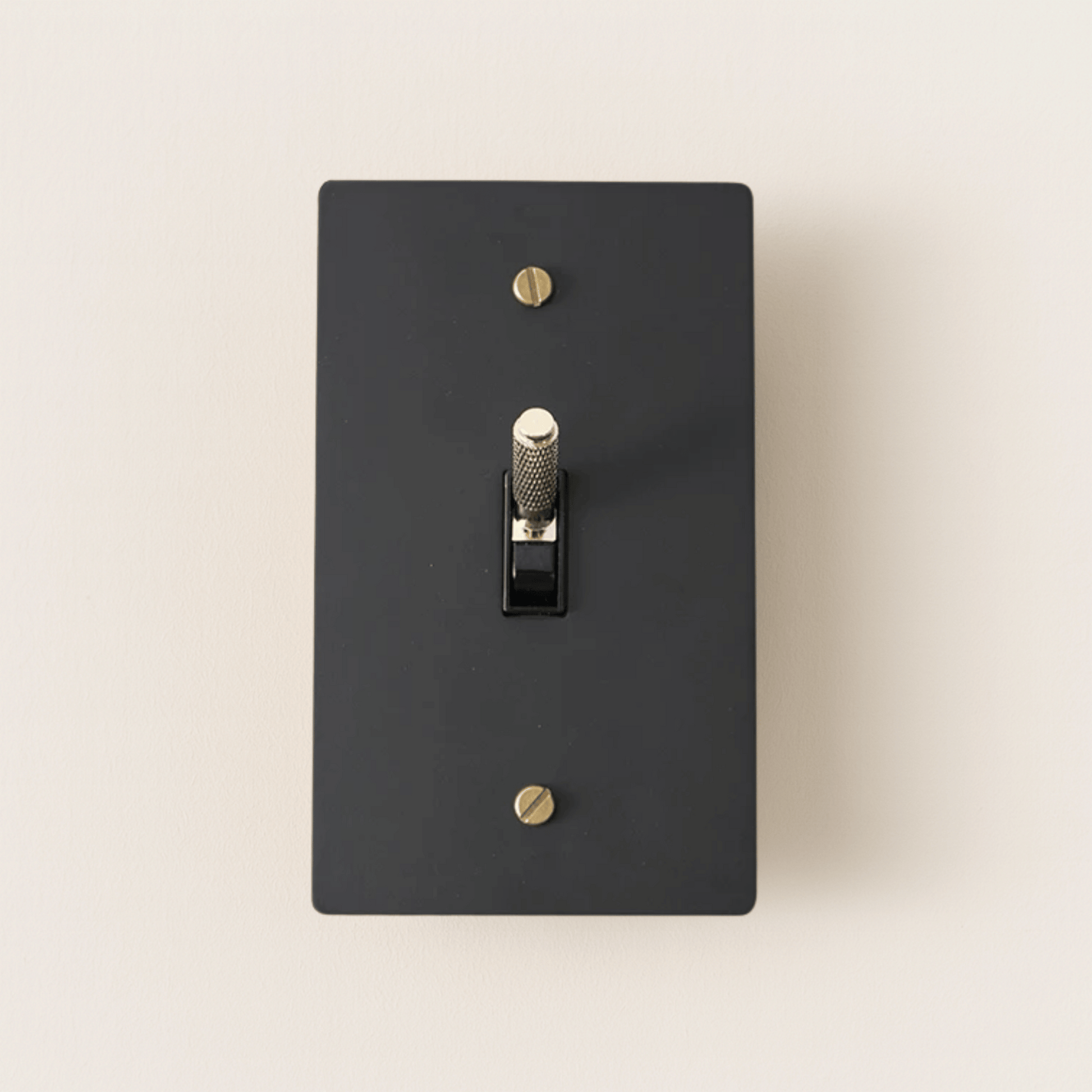 Black light switch plate with gold screws on a beige background