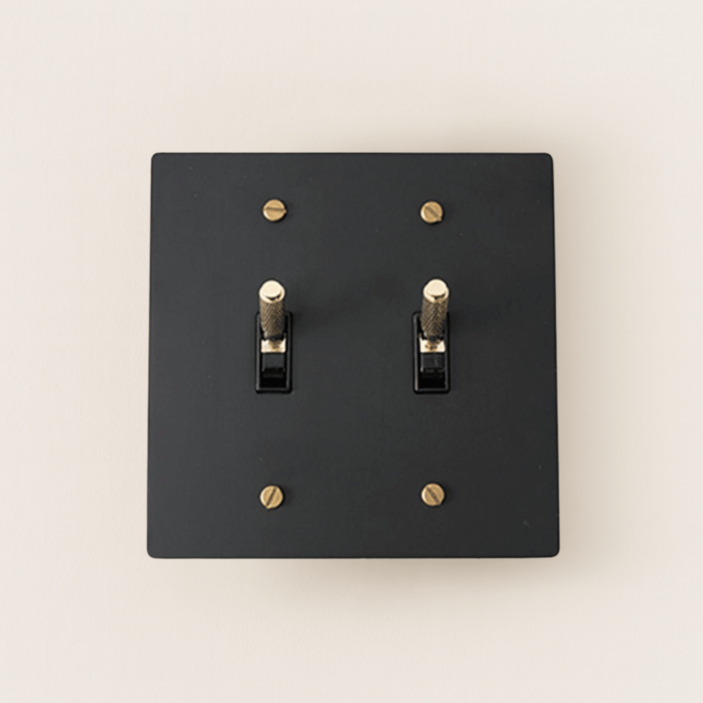 Black switch plate with gold screws on a beige background
