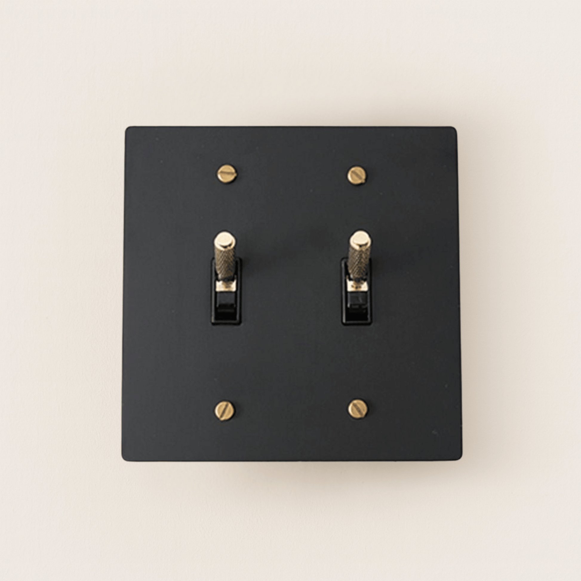 Black switch plate with gold screws on a beige background