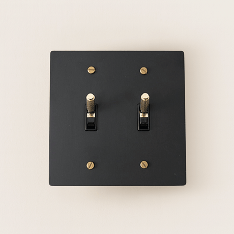 Black switch plate with gold screws on a beige background