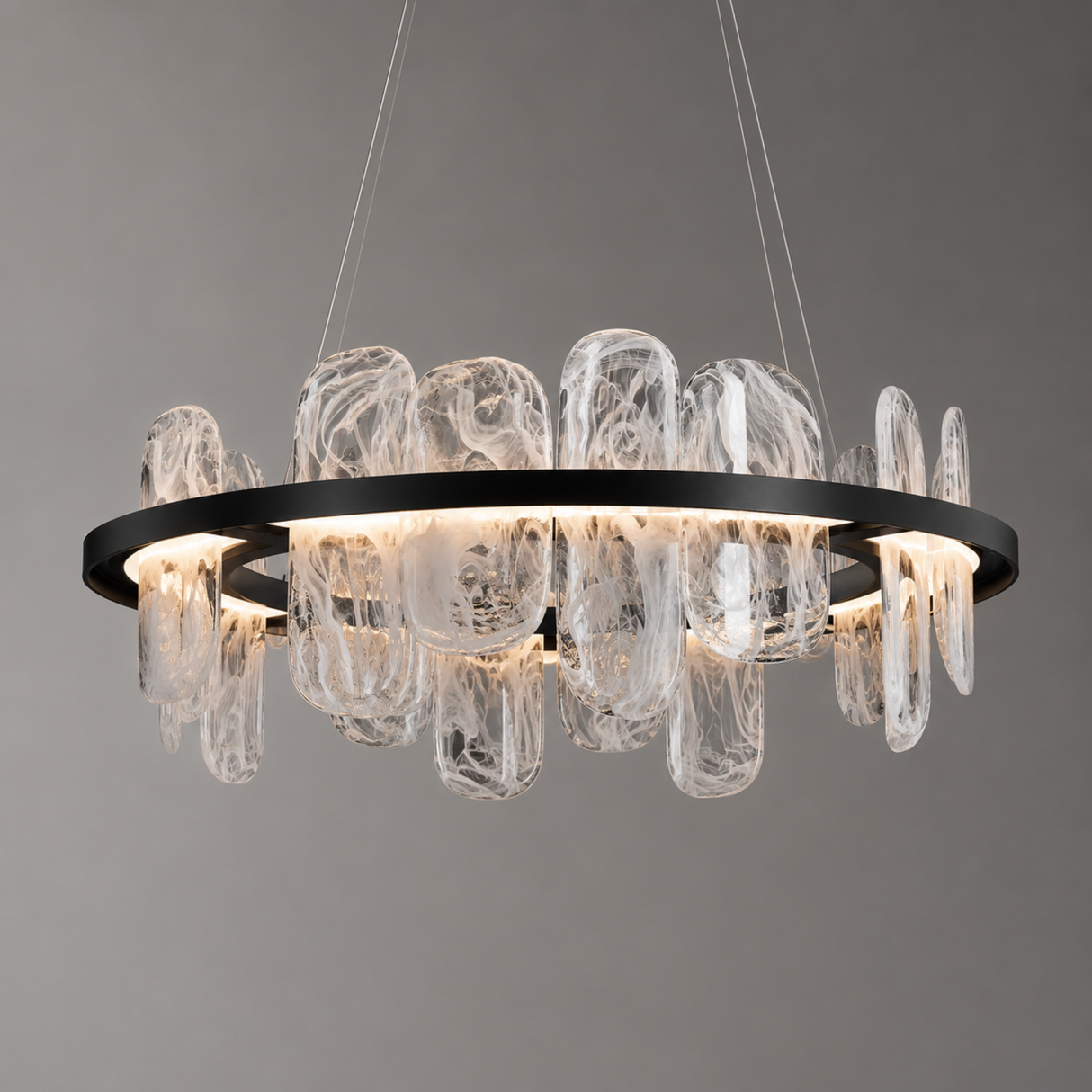 Modern chandelier with glass shades on a gray background