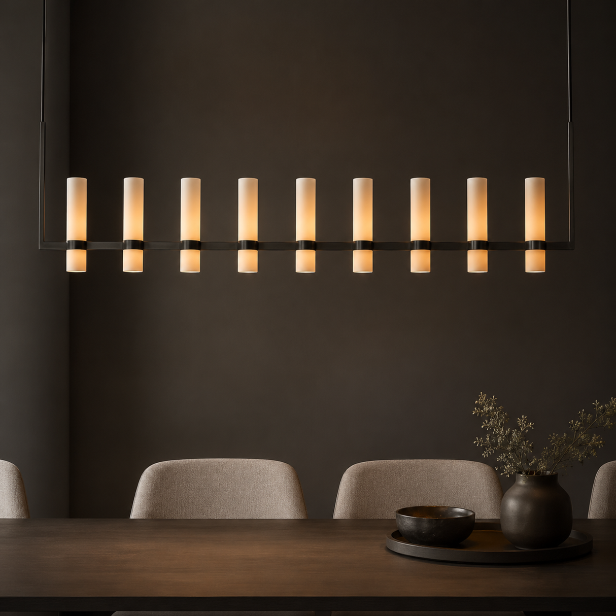 Modern wall-mounted light fixture in a dining room setting with a dark wall and wooden table.