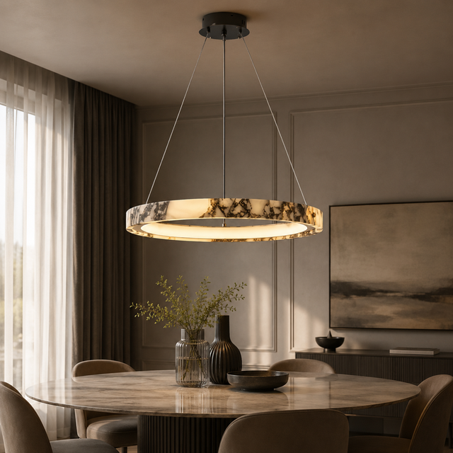 Modern dining room with a stylish pendant light fixture.