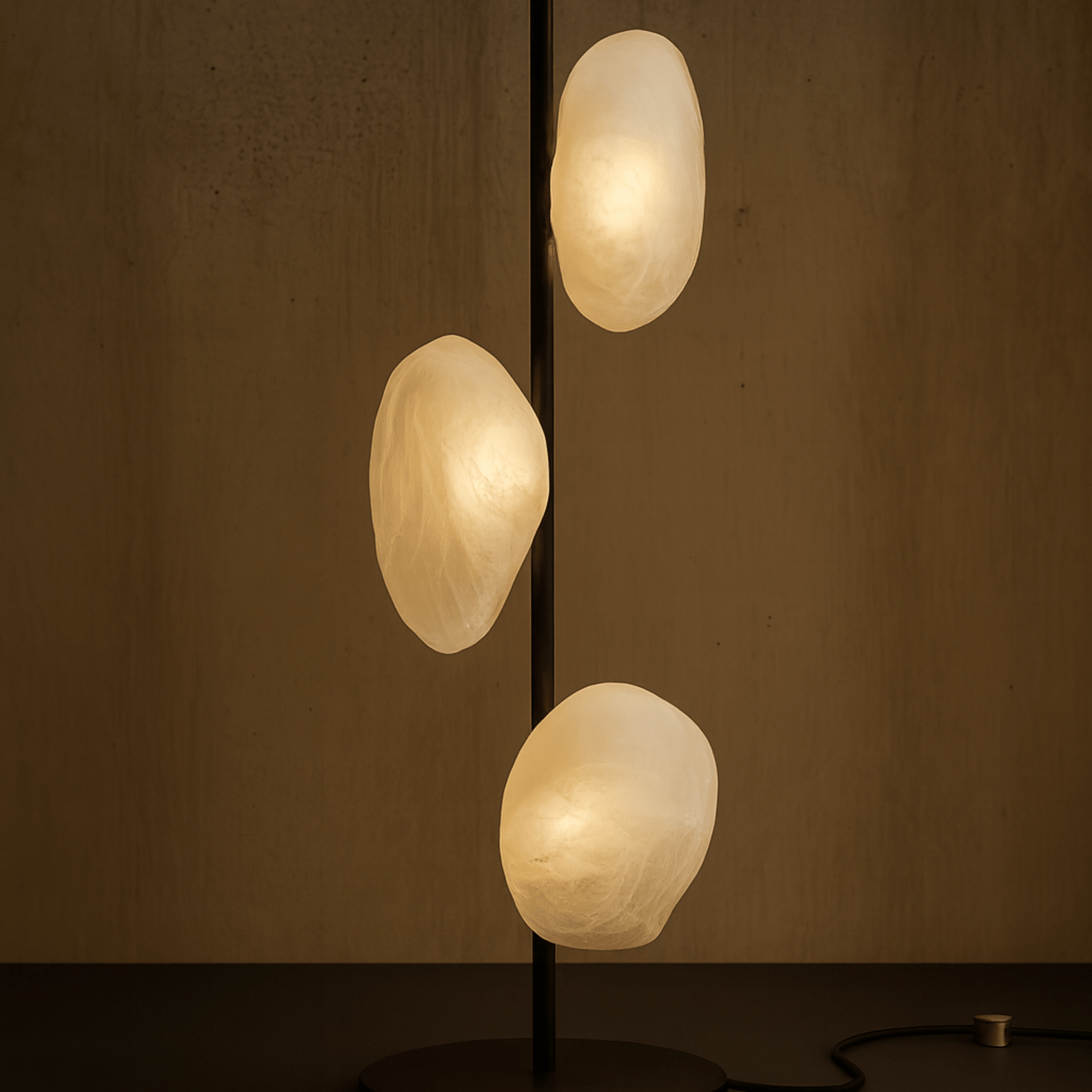 Modern floor lamp with three spherical, textured lampshades on a dark background