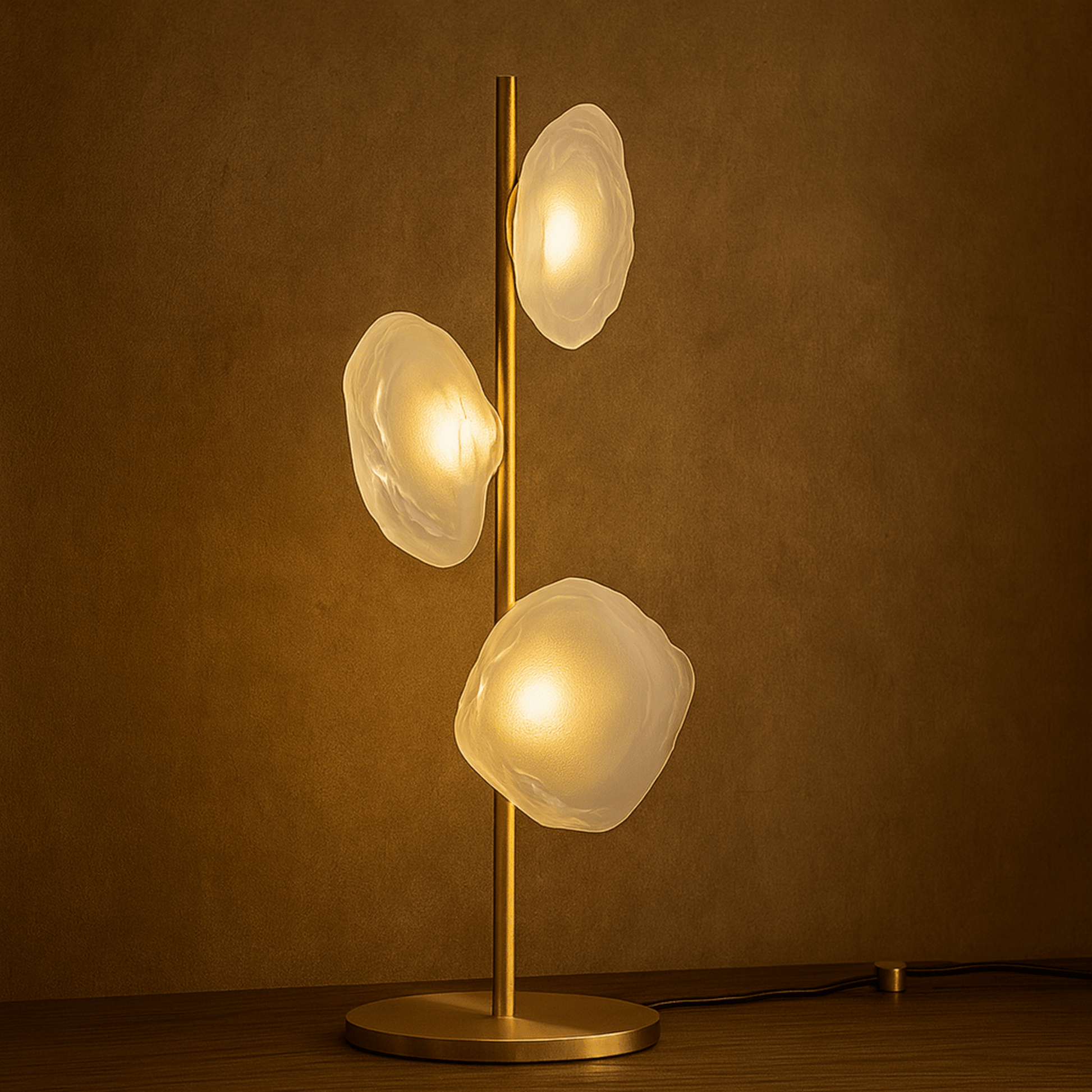 Modern table lamp with three glass shades on a wooden surface against a brown background