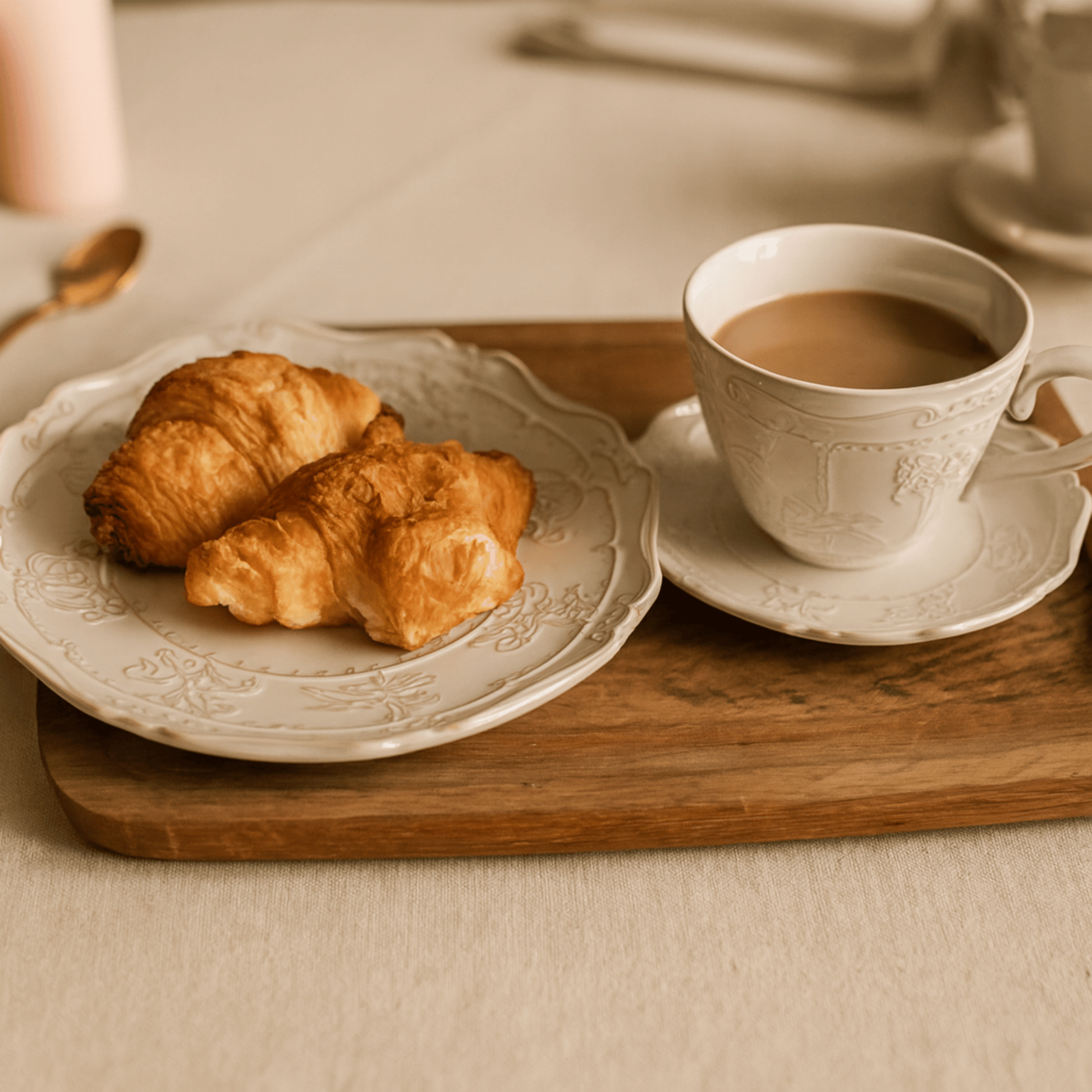 White cup of coffee with a plate of croissants on a wooden tray.