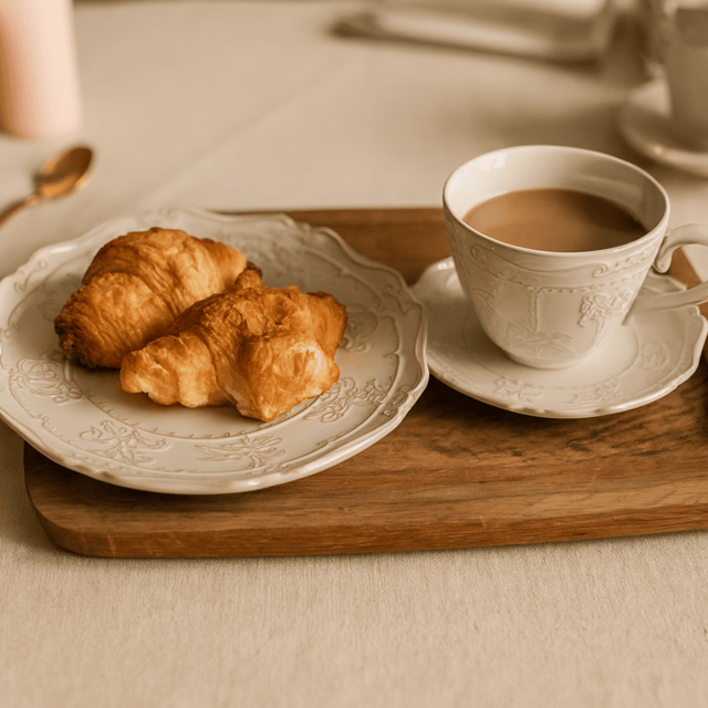 White cup of coffee with a plate of croissants on a wooden tray.