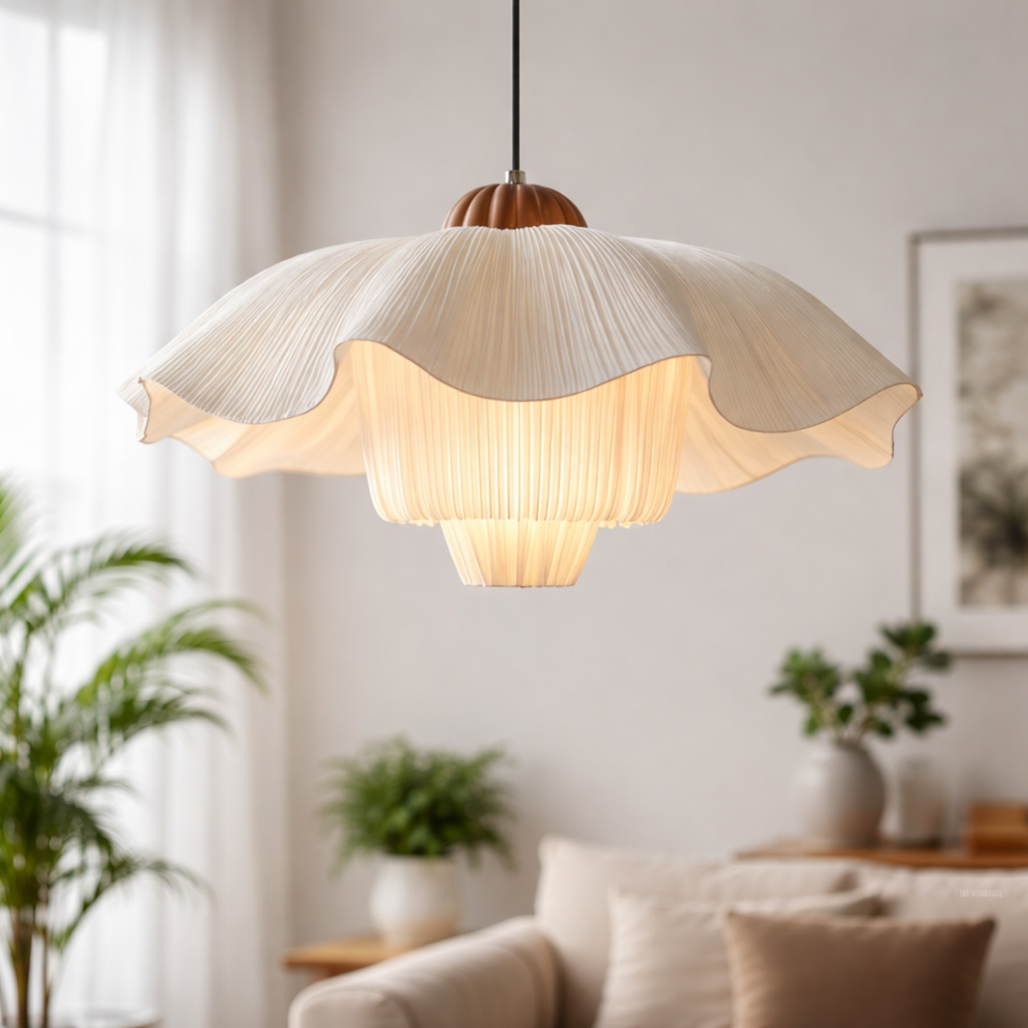 Decorative pendant light in a living room setting with plants and a sofa.