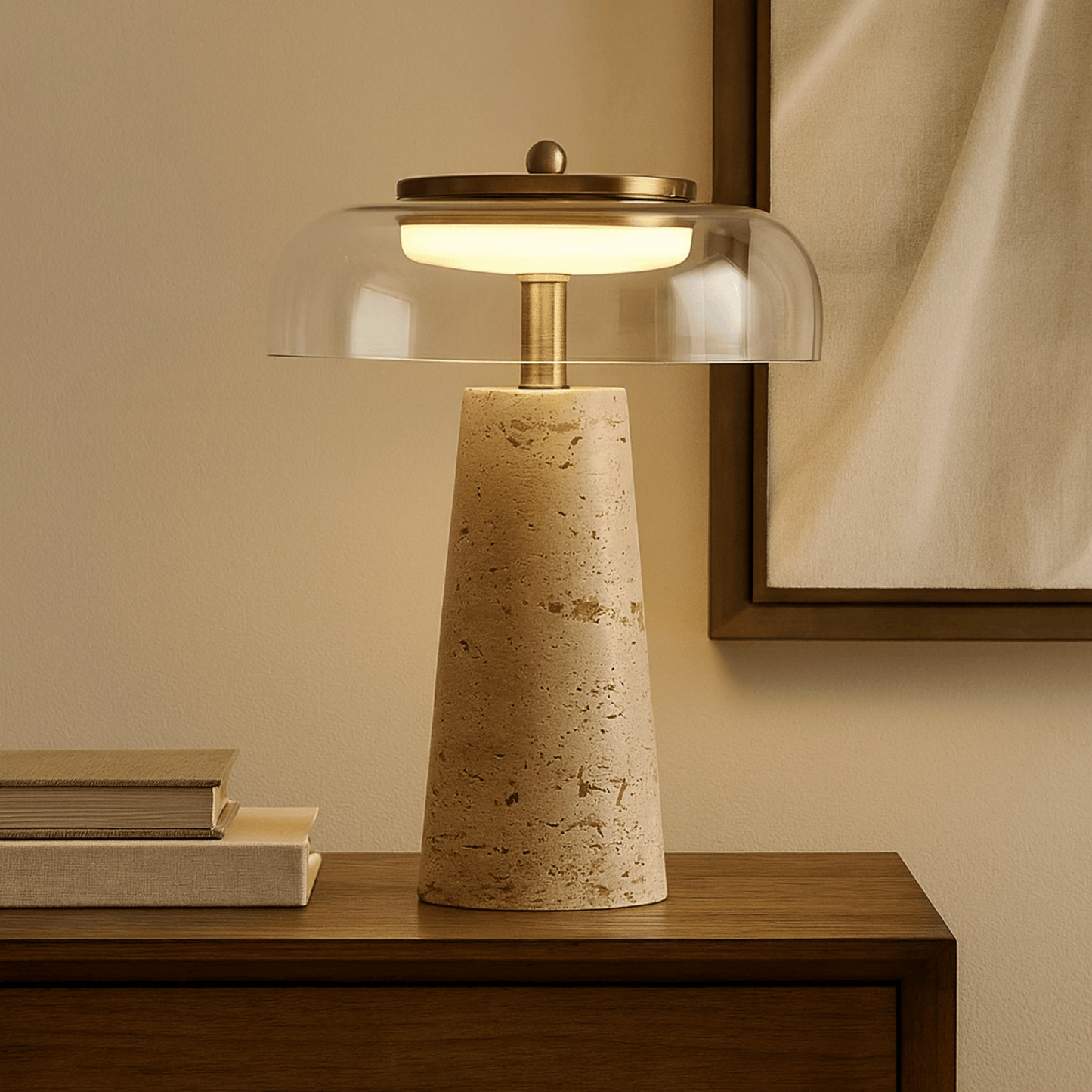 Table lamp with a textured base and clear glass shade on a wooden surface.