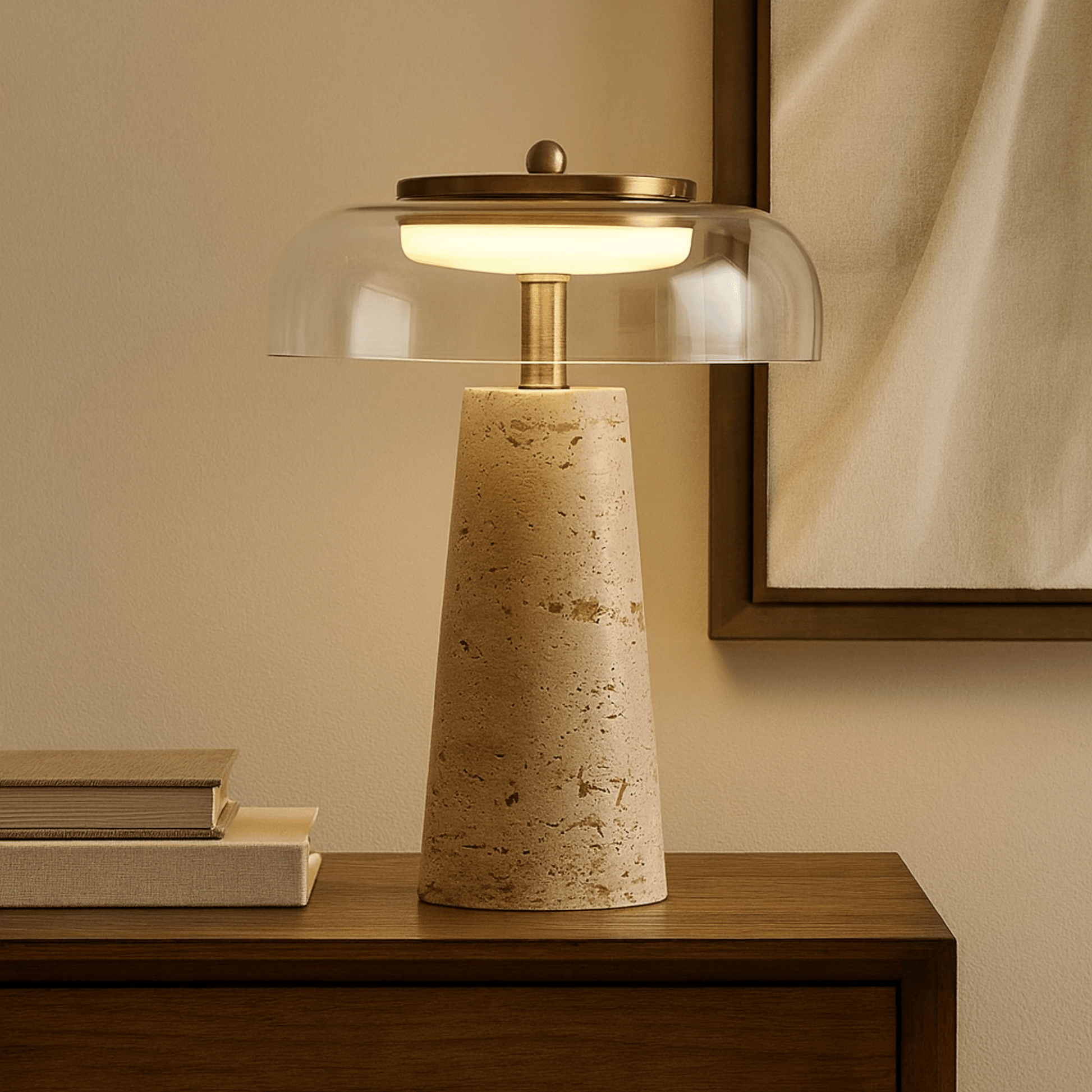 Table lamp with a textured base and clear glass shade on a wooden surface.