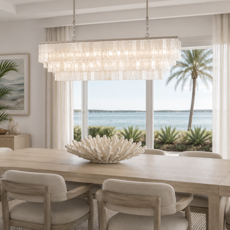 Dining room with a large chandelier, table, chairs, and a view of the ocean through a window.