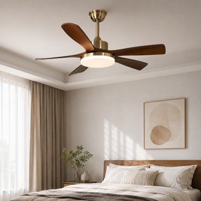 Ceiling fan with light fixture in a bedroom setting