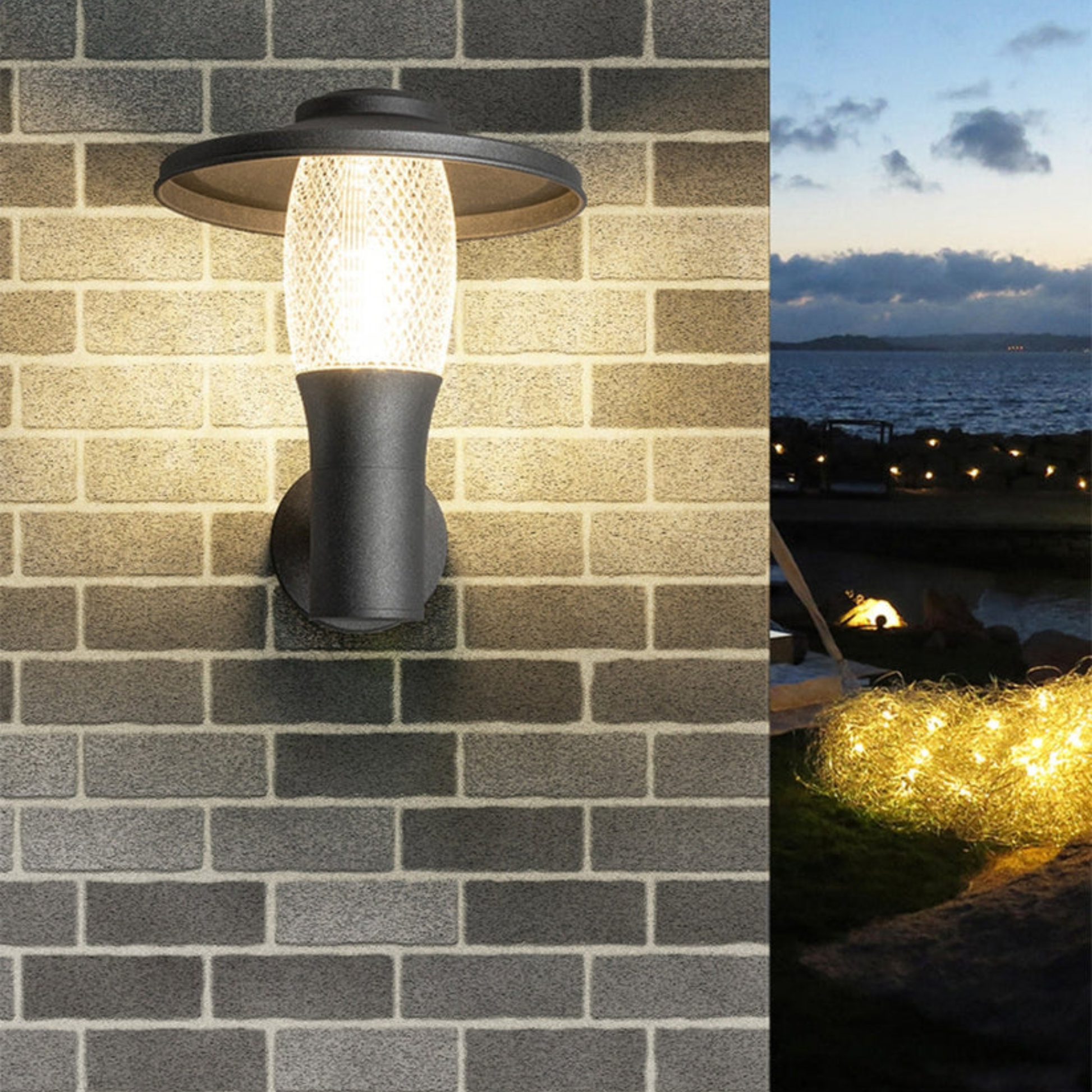 Contemporary black wall lantern glowing softly against a gray brick exterior