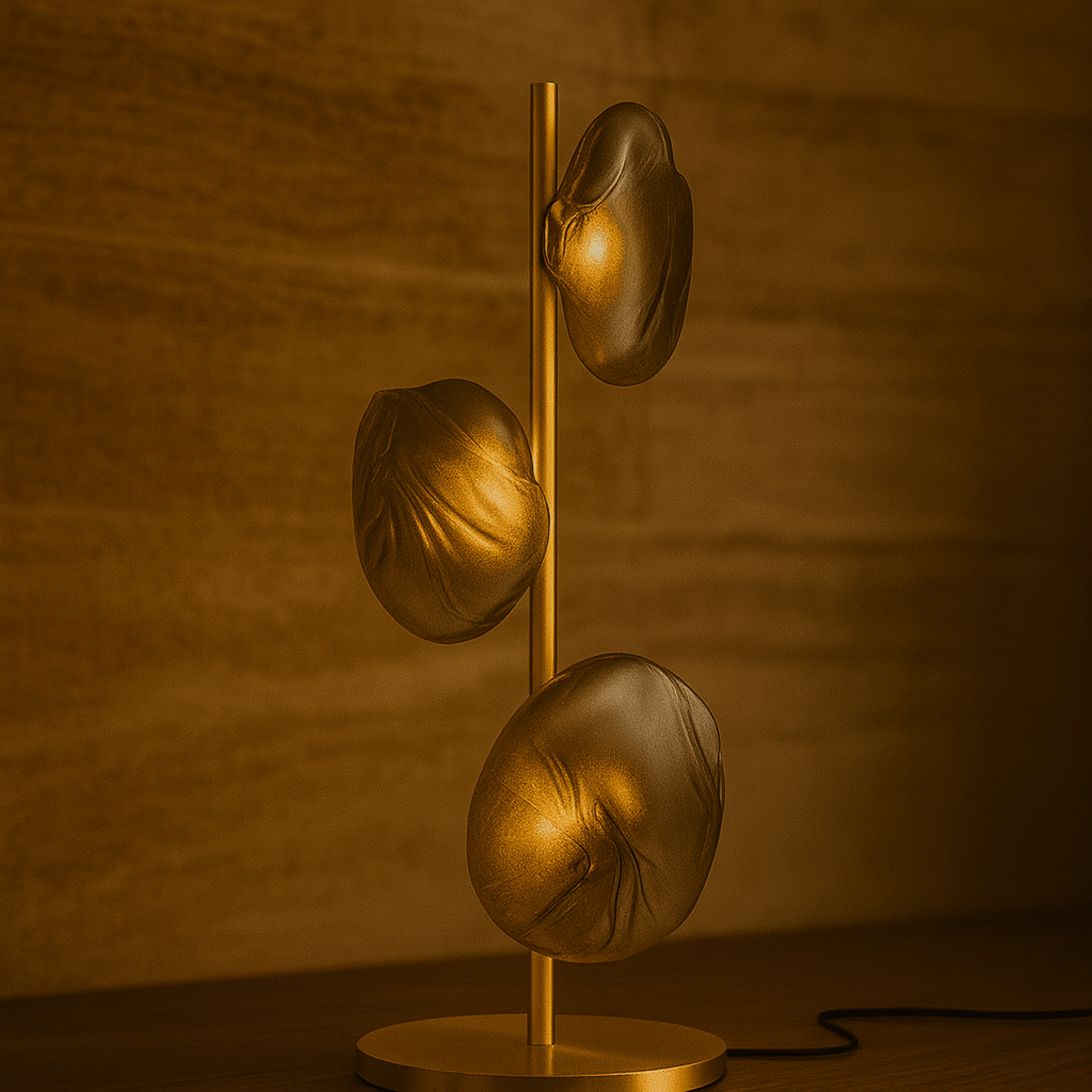 Gold decorative lamp with three spherical designs on a wooden background